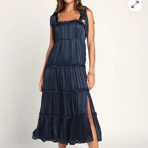 Lulus - Day for Romance Navy Blue Tie-Strap Tiered Midi Dress